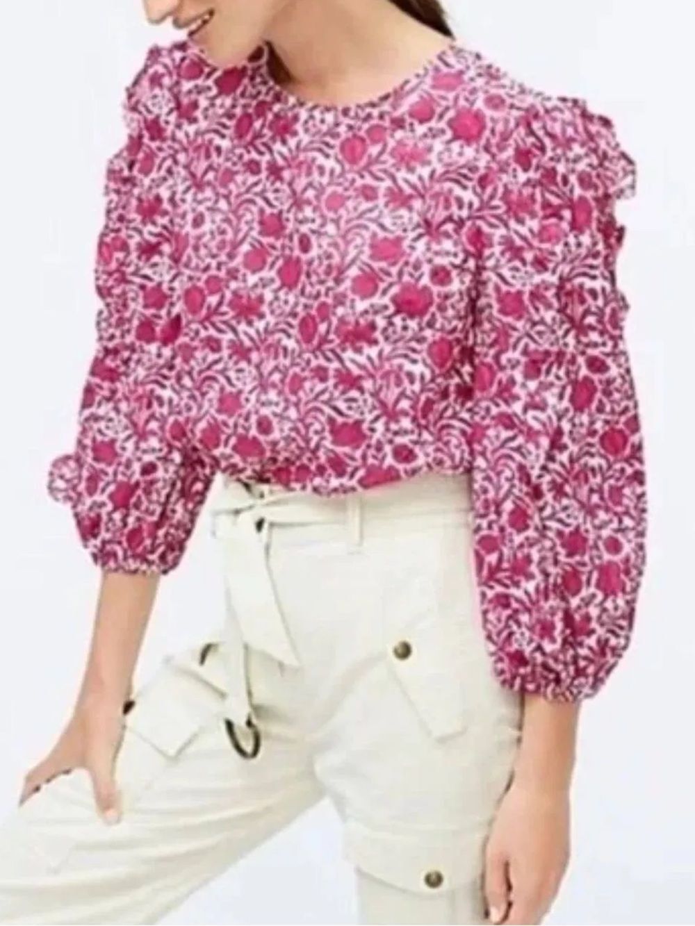 J.Crew Sambourne Liberty Fabric Ruffle Pink Floral Cotton Top XS Feminine